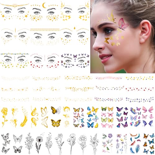 Gold Glitter Freckles Face Tattoos - Halloween Glitter Stickers for Women - 54 Sheets