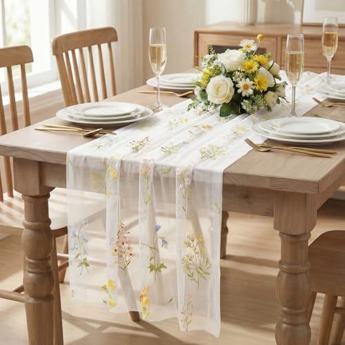 3PC White Gauze Embroidery Table Runner Set - 28 x 120 Inches, Spring Home Decor