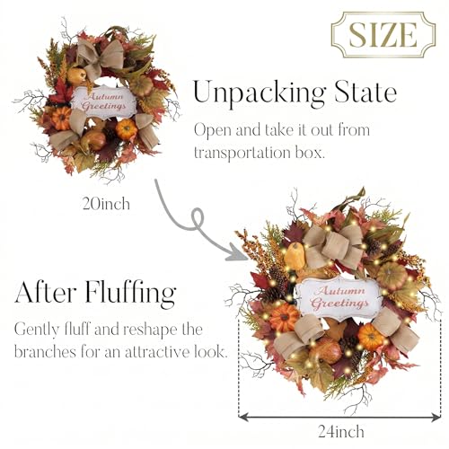24-Inch Collapsible Pre-Lit Fall Pumpkin Wreath for Front Door