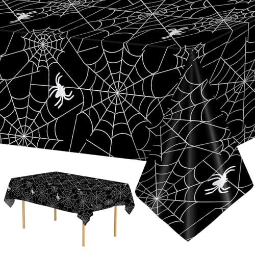 Black Halloween Spider Web Plastic Tablecloths - 2 Pcs, 108x54 Inch, Disposable Party Decor