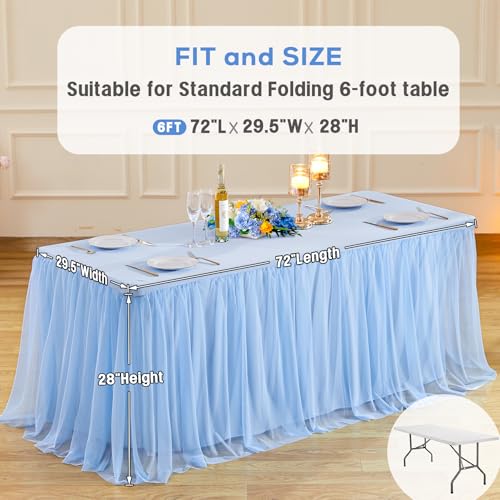 Baby Blue 6ft Rectangle Tablecloth with Ruffle Skirt - 2 Pack, Spandex & Tulle