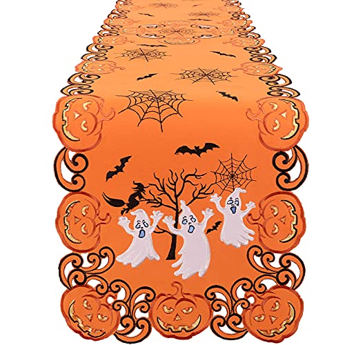 Halloween Table Runner Spooky Ghosts Bats Web Embroidered Decor 14x54 Inches - Simhomsen
