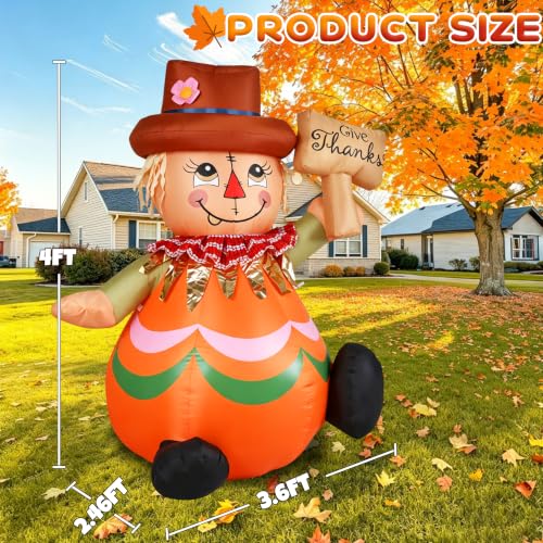 4FT Thanksgiving Inflatable Scarecrow Outdoor Decor with LED Lights