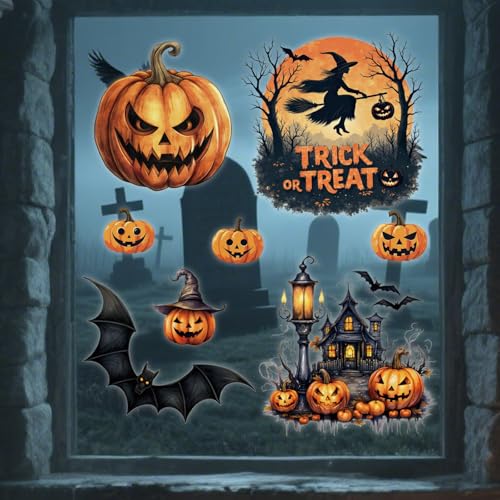 Halloween Window Clings Set - 16 Vinyl Stickers for Fall Party Home Decor