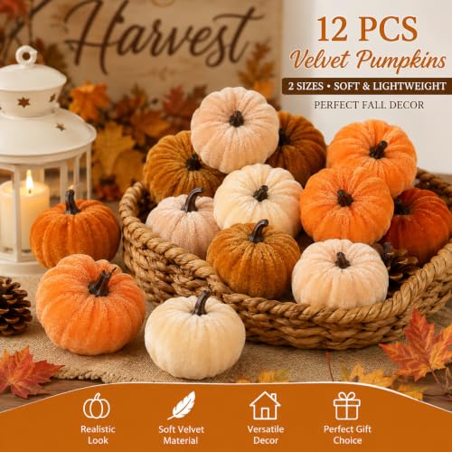 Velvet Artificial Pumpkins Decor Set - 12 Mini Fall Harvest Halloween Thanksgiving