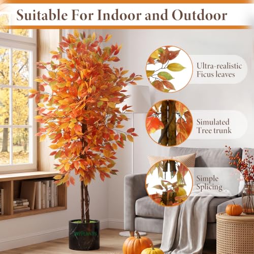 6FT Artificial Ficus Tree with Autumn Foliage - Seasonal Home Decor - Orange