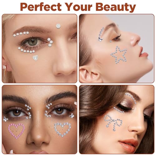 Self-Adhesive 3D Face Gems Stickers - Sparkly Heart, Star & Moon Shapes