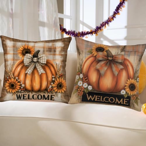 Fall Pumpkin Sunflower Throw Pillow Covers 18x18 Inch - Set of 4 - Orange Autumn Decor Variation M4welcomepumpkin