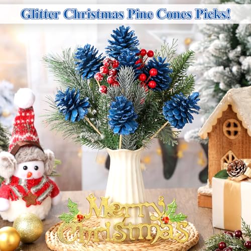Blue Christmas Pine Cone Picks Set of 12 - Glitter Holiday Tree Decorations