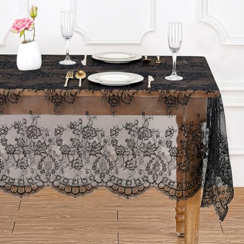 Black Lace Tablecloth 60 x 120 Inches - 5 Piece Rectangular Set - Elegant Wedding & Party Decor