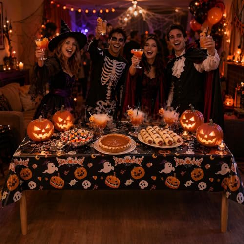 Halloween Disposable Plastic Tablecloths 3 Pack - Waterproof Pumpkin & Ghost Pattern, 54x108 Inches