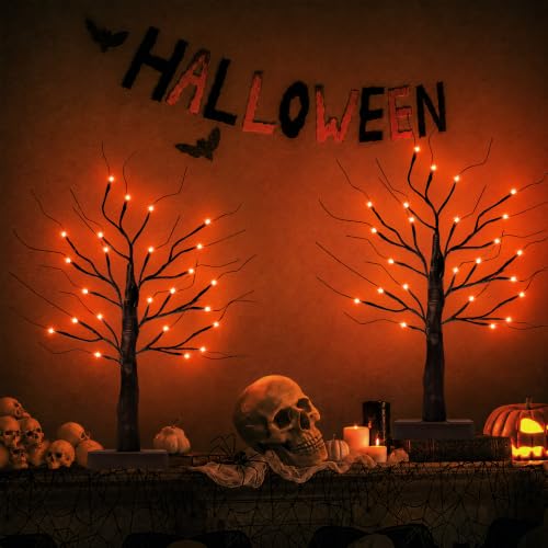 Halloween Decorations Indoor 2 Pack Black Tree with Orange Lights - 24in Timer