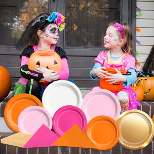 Pink & Orange Party Plates and Napkins Set - Serves 20, 60pcs Sunset Tropical Tableware for Birthday & Celebration - Pack of 2