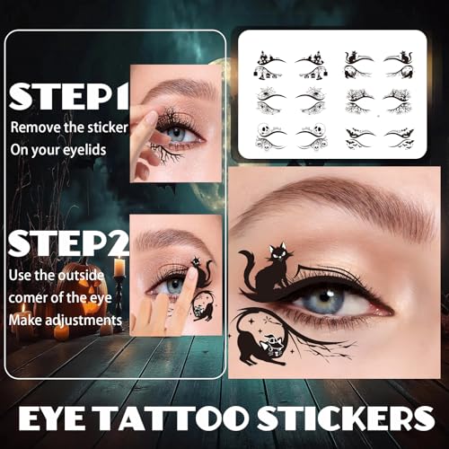 Halloween Eye Tattoos Set with Skull Spider Web Bats Face Stickers for Adults & Kids