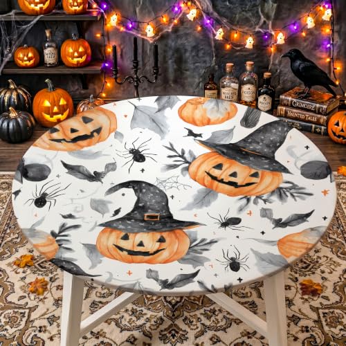 Halloween Round Fitted Tablecloth for 54-60 Inch Tables - Pumpkin Head Design