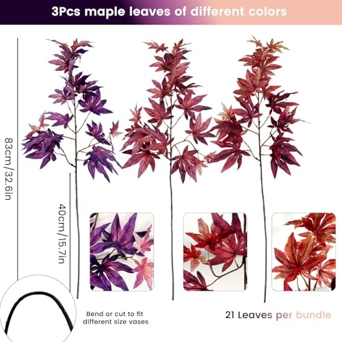 Artificial Maple Leaves Branches 3-Pack, 32.6 Inch Fall Faux Bushes for Decor