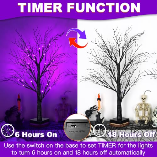 Purple Lighted Halloween Trees - 24 Inch Spooky Tabletop Decor Set of 2 with Timer