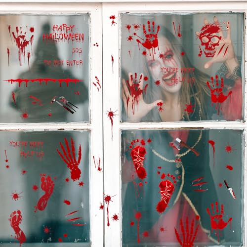 Halloween Bloody Handprint Footprint Window Stickers - 165 pcs Spooky Decor