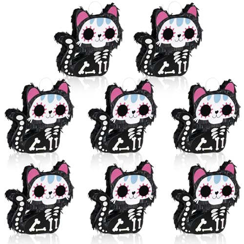 Mini Day of The Dead Skeleton Cat Piñata Set - Black Cats, 8 Pack, Party Decorations