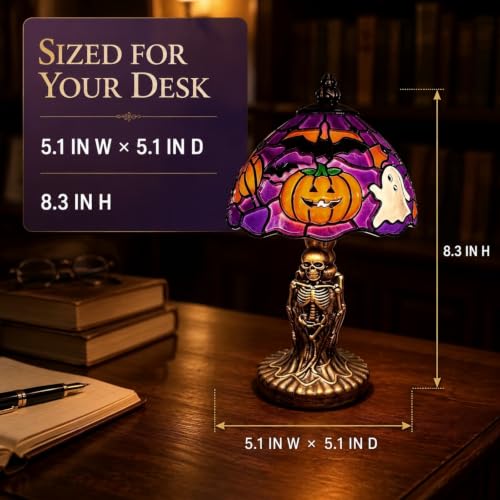 Skeleton Table Lamp - Handcrafted Halloween Painted Lamp with Bat and Pumpkin Motif