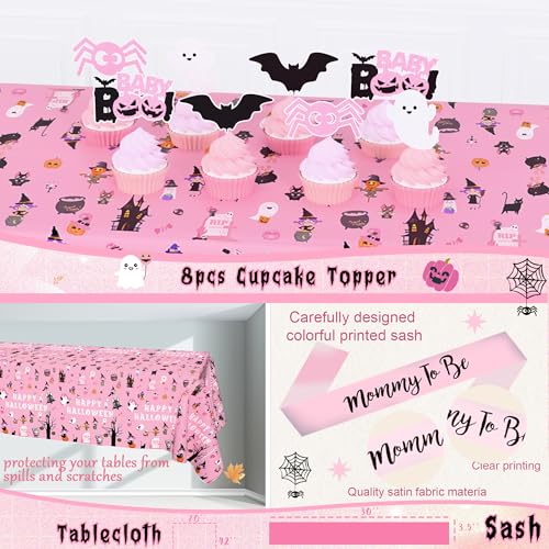 Halloween Baby Shower Decorations Girl Set - Pink & Black Spooky Party Kit with Balloons, Backdrop, Sash