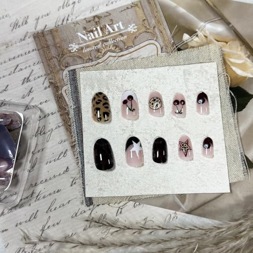 IMSOHOT Short Oval Press On Nails Brown Leopard Print with Cherry - Variation 92-02Brown
