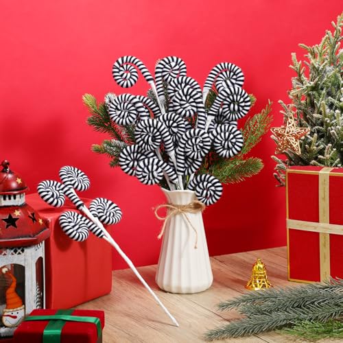 Christmas Tree Decorations Woolen Candy Picks with Bells - Black and White Stripes, 6 Pack