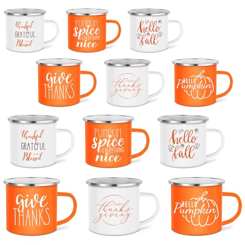 12 pcs Fall Enamel Coffee Mugs Set - Thanksgiving Pumpkin Spice Camping Cups