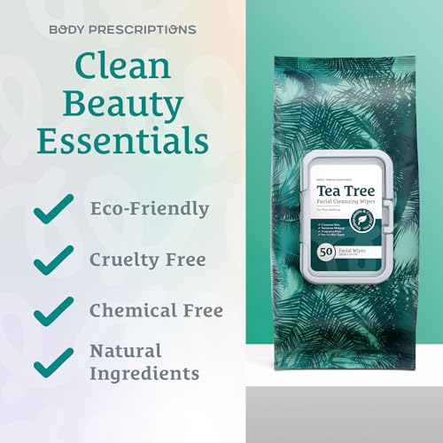 Body Prescription Tea-Tree Makeup Cleansing Wipes - Gentle Face & Eye Makeup Remover, 50 Count