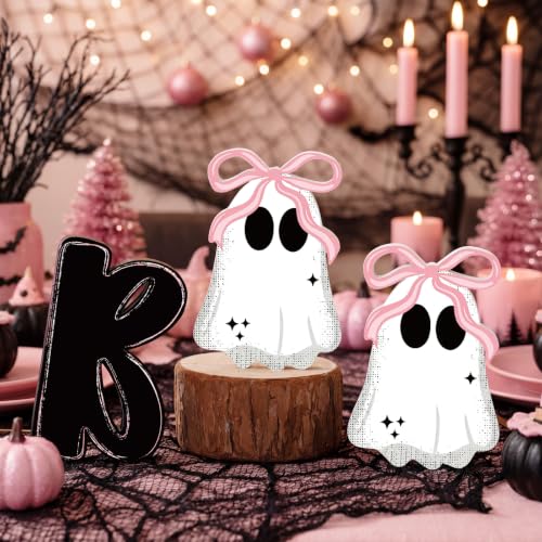 Halloween Ghost Table Decorations - BOO with Pink Bow Wooden Signs, Indoor Tiered Tray Decor
