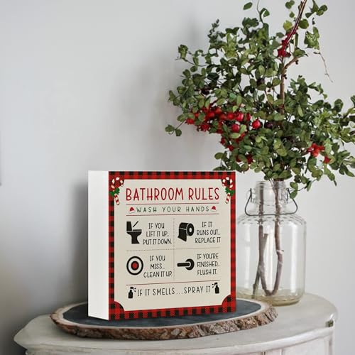 Christmas Bathroom Rules Wooden Sign - Farmhouse Holiday Decor, 5x5 Inch