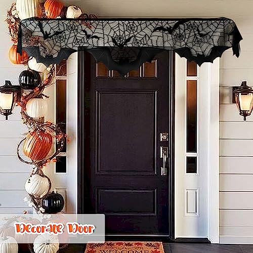 Halloween Fireplace Mantel Scarf Black Lace Spiderweb 20x79 Inches - Indoor Decor