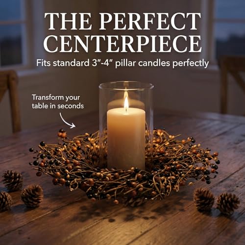 Primitive Black & Tan Pip Berry Candle Ring - Rustic Mini Wreath for 3-inch Pillars, Halloween & Farmhouse Decor, Variation: Primitive Black & Tan