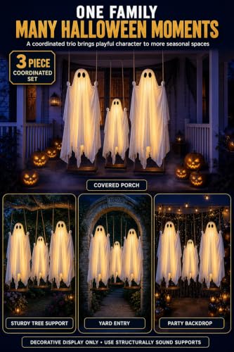 Ghost on a Swing Decoration Set with Ropes - White Family Halloween Outdoor Porch