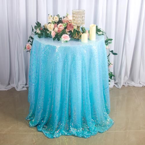 Iridescent Blue Sequin Round Tablecloth 72 Inch Glitter Overlay for Weddings & Parties