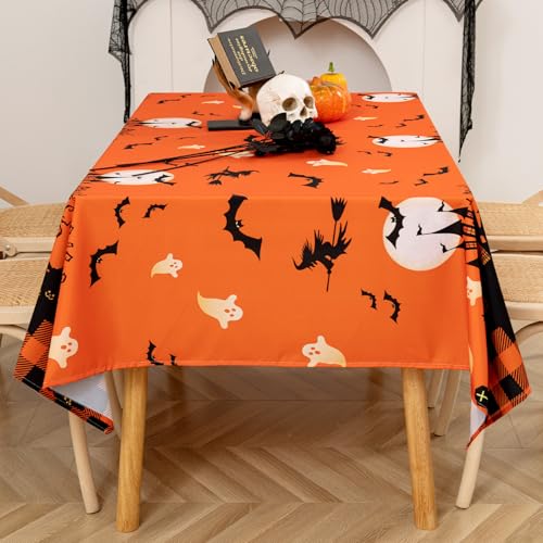 Halloween Tablecloth - Castle Ghost Design, Rectangular 60x102 Inch - Orange, Party Decor