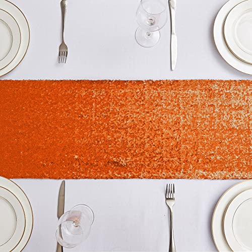 12x108 Inch Sequin Table Runner Set - 6 Pieces Orange Glitter Event Decor