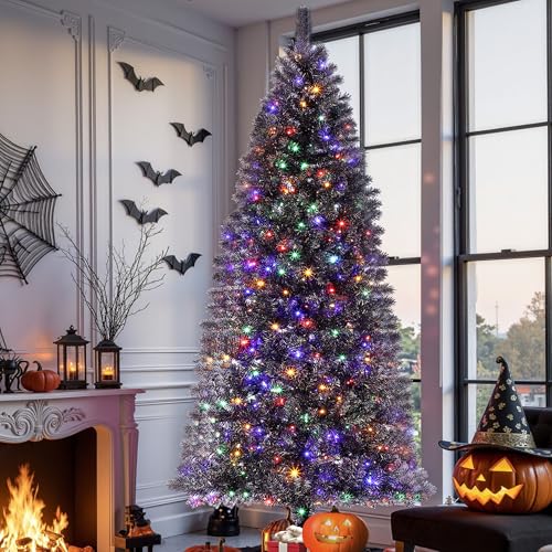 6ft Slim Black Artificial Christmas Tree with Lights - Halloween & Holiday Decor