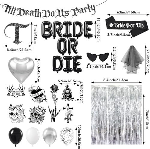 Bride or Die Bachelorette Party Decorations Kit Black & White 100pcs
