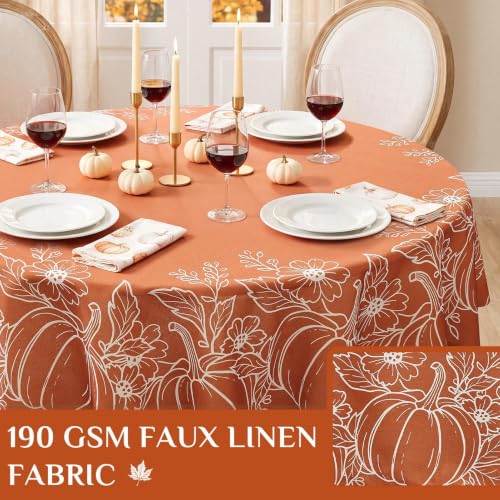 Fall Pumpkin & Leaf Round Tablecloth 70 Inch Water-Resistant Faux Linen