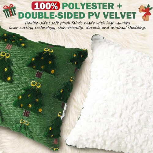Green+ White 20x20 Inch Christmas Pillow Covers Set - Double-Sided 3D Embroidered Holiday Decor