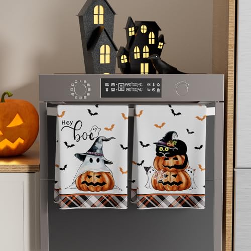 Halloween Ghost Cat Kitchen Towels Set of 2 - Spooky Dish Drying Hand Towels