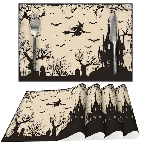 Halloween Witch Castle Placemats Set of 4 Washable Dining Table Decor - Mutakin