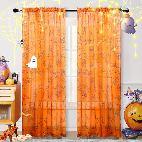 Halloween Sheer Curtains for Living Room - 52W x 63L Cobweb & Orange 2 Panel Set