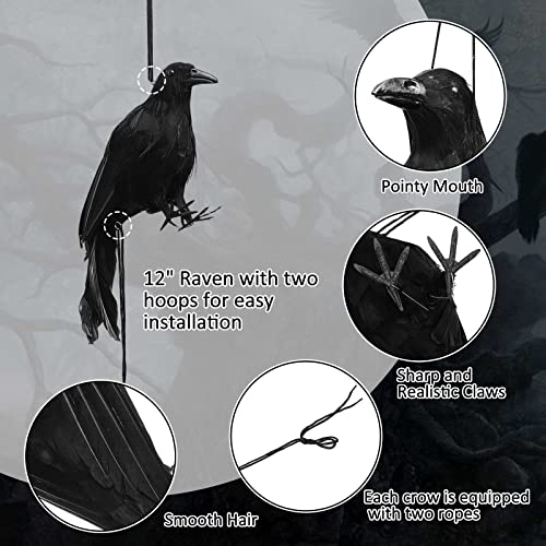 2 Pcs Halloween Black Crow Decoys - Realistic 17 Inch & 12 Inch Fake Crows for Garden & Decor