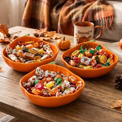Fall Pumpkin Candy Dish Set - 3 Ceramic Pumpkin Snack Bowls, 11.2oz, Halloween Decor