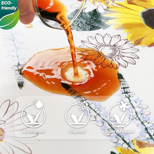 Sunflower Vinyl Tablecloth with Flannel Backing - Waterproof 70x52 Inch Rectangular Table Cover for Indoor Outdoor Dining & Events
