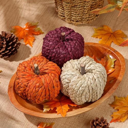 Fall Pumpkin Decor Set - 3 Woven Rattan Artificial Pumpkins for Autumn Home Decoration - White, Orange, Red