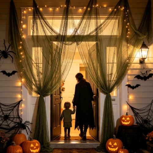Green Halloween Creepy Gauze Cloth - Large Spooky Decorative Fabric, 512"x85"