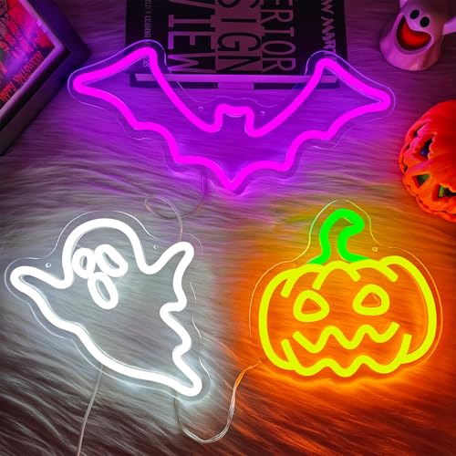Halloween Neon Sign 3-Piece Set Dimmable Pumpkin Bat Ghost LED Decorations - Halloween3pcs